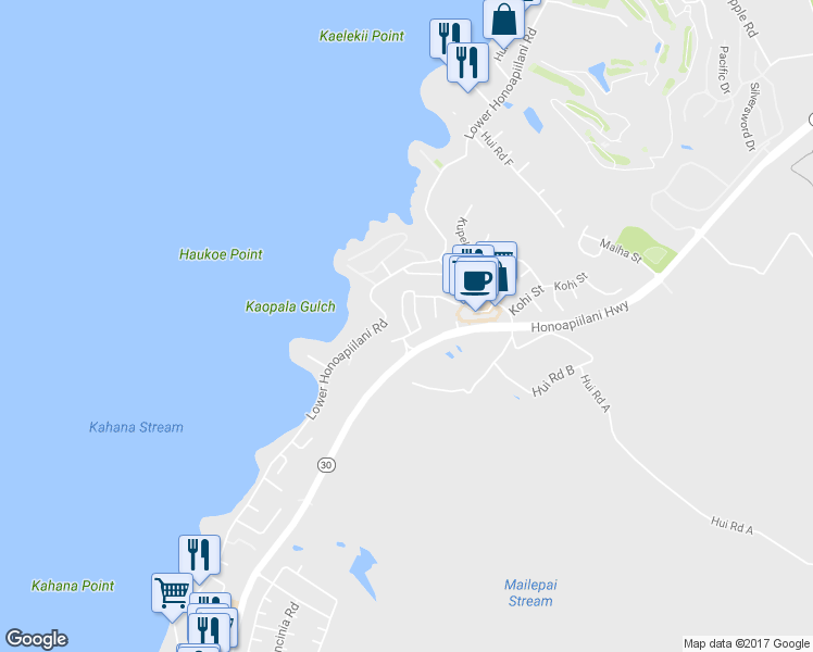 map of restaurants, bars, coffee shops, grocery stores, and more near 107 Punohu Lane in Lahaina