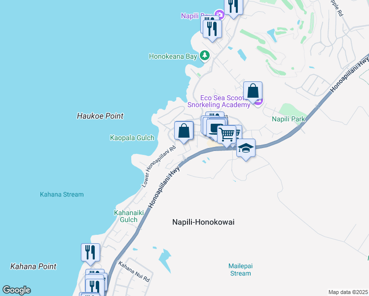 map of restaurants, bars, coffee shops, grocery stores, and more near 4946 Lower Honoapiilani Road in Lahaina