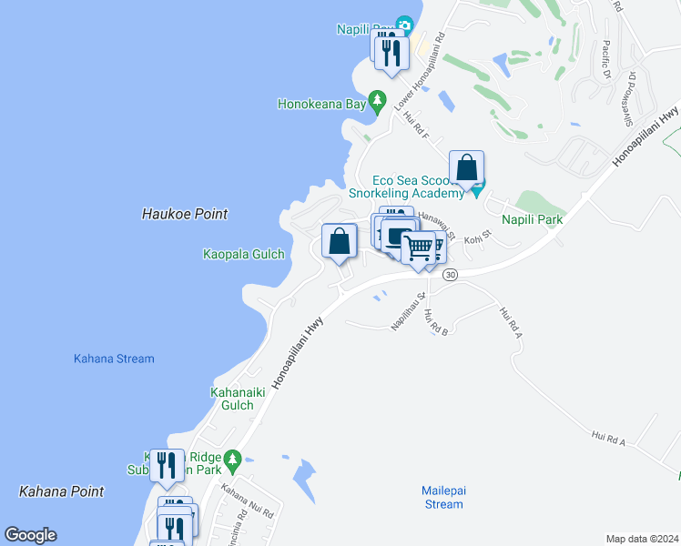 map of restaurants, bars, coffee shops, grocery stores, and more near 28 Polohina Lane in Lahaina