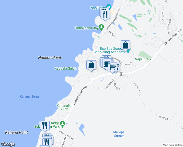 map of restaurants, bars, coffee shops, grocery stores, and more near 38 Polohina Lane in Lahaina