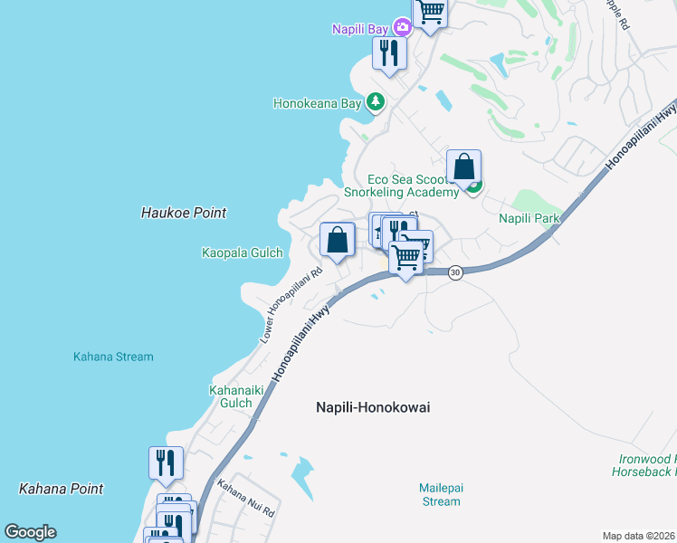 map of restaurants, bars, coffee shops, grocery stores, and more near 4946 Lower Honoapiilani Road in Lahaina
