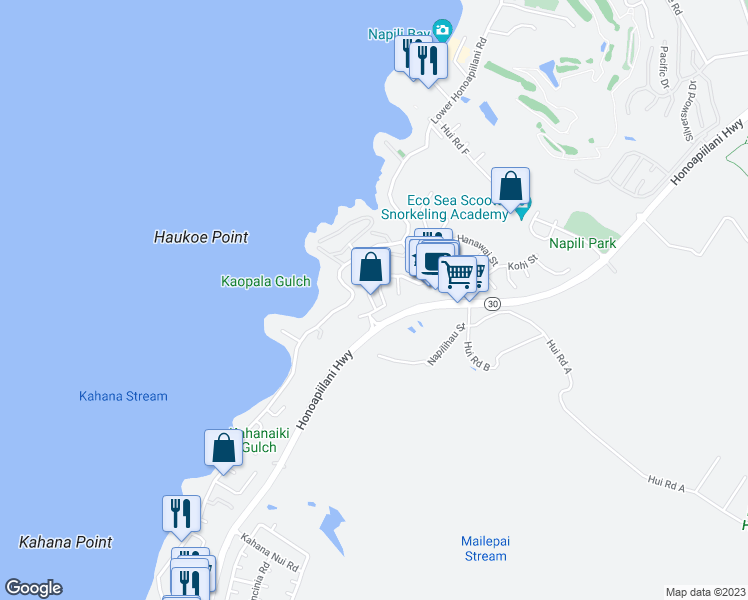 map of restaurants, bars, coffee shops, grocery stores, and more near 38 Polohina Lane in Lahaina