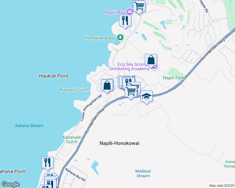 map of restaurants, bars, coffee shops, grocery stores, and more near 12 Kiohuohu Lane in Lahaina