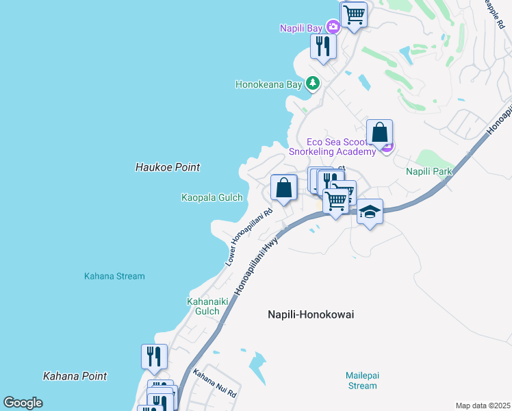 map of restaurants, bars, coffee shops, grocery stores, and more near 4909 Lower Honoapiilani Road in Lahaina
