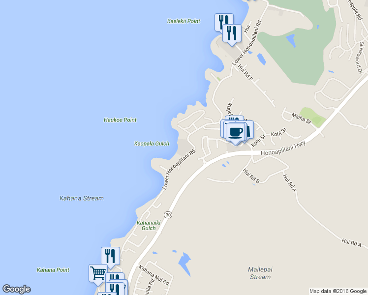 map of restaurants, bars, coffee shops, grocery stores, and more near 4909 Lower Honoapiilani Road in Lahaina