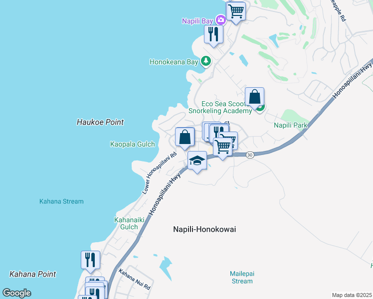 map of restaurants, bars, coffee shops, grocery stores, and more near 43 Polohina Lane in Lahaina