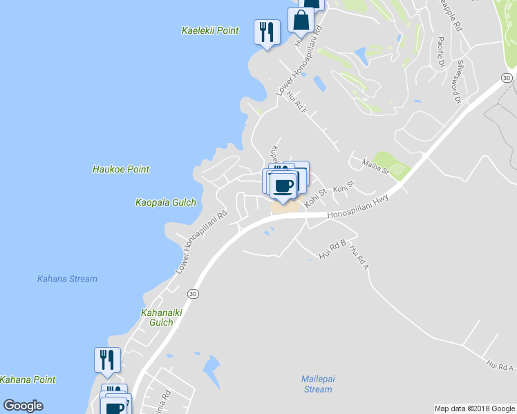 map of restaurants, bars, coffee shops, grocery stores, and more near 12 Kiohuohu Lane in Lahaina