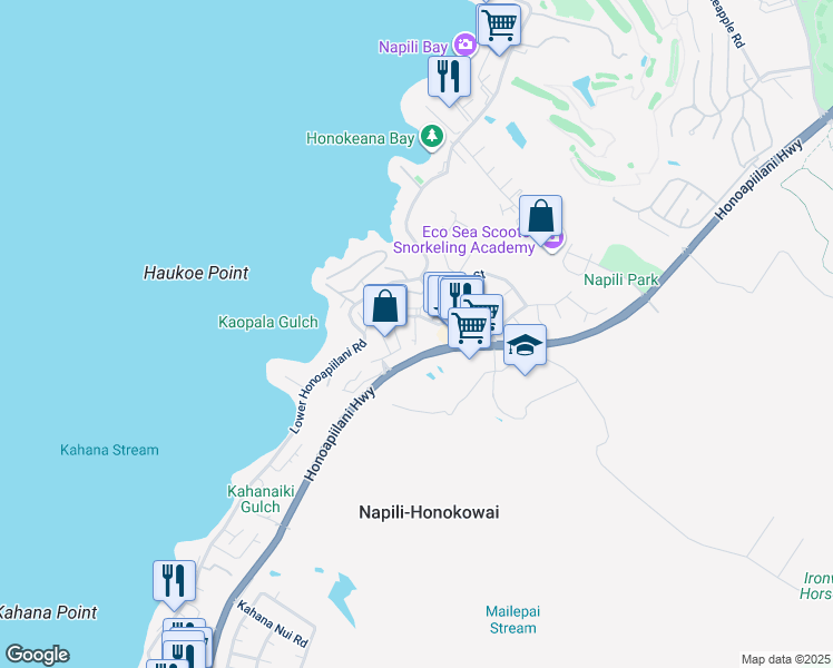 map of restaurants, bars, coffee shops, grocery stores, and more near 3 Kiohuohu Lane in Lahaina