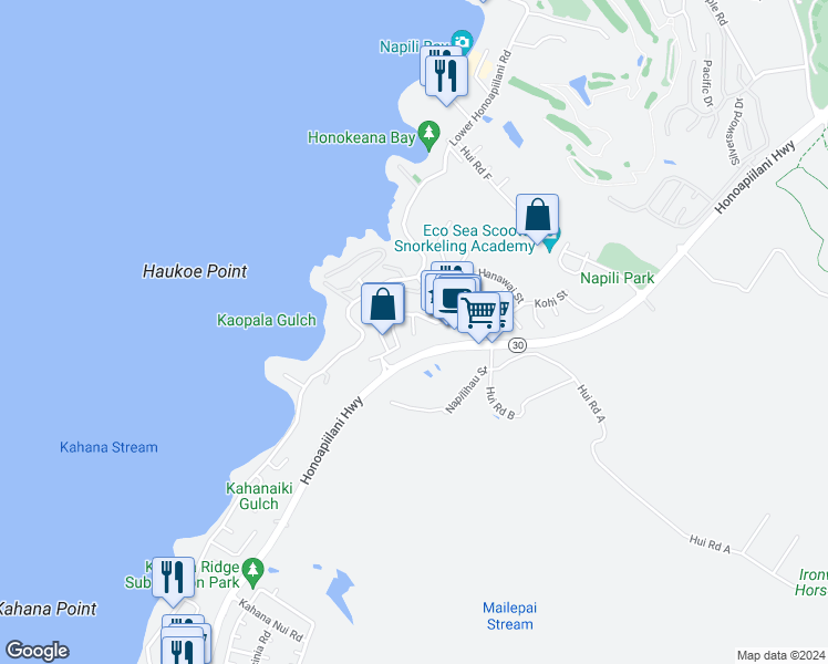 map of restaurants, bars, coffee shops, grocery stores, and more near 12 Kiohuohu Lane in Lahaina
