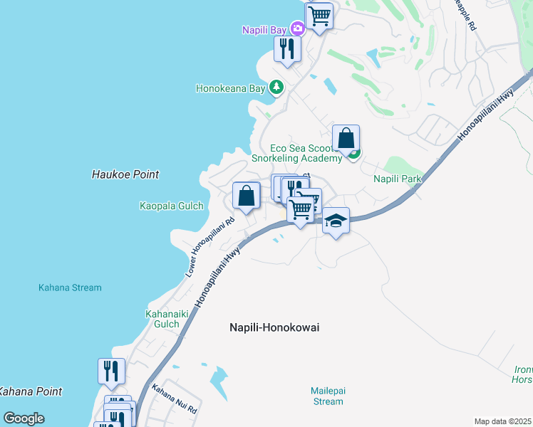 map of restaurants, bars, coffee shops, grocery stores, and more near 6 Kiohuohu Lane in Lahaina