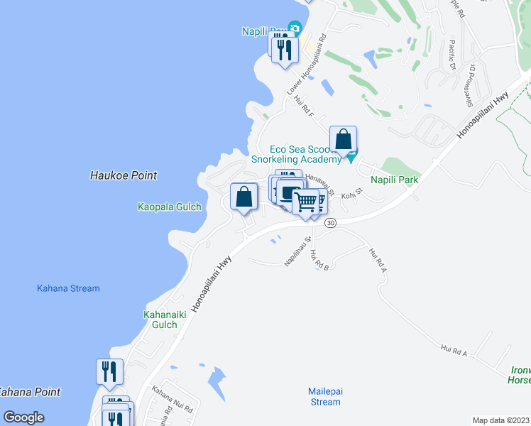 map of restaurants, bars, coffee shops, grocery stores, and more near 9 Kiohuohu Lane in Lahaina