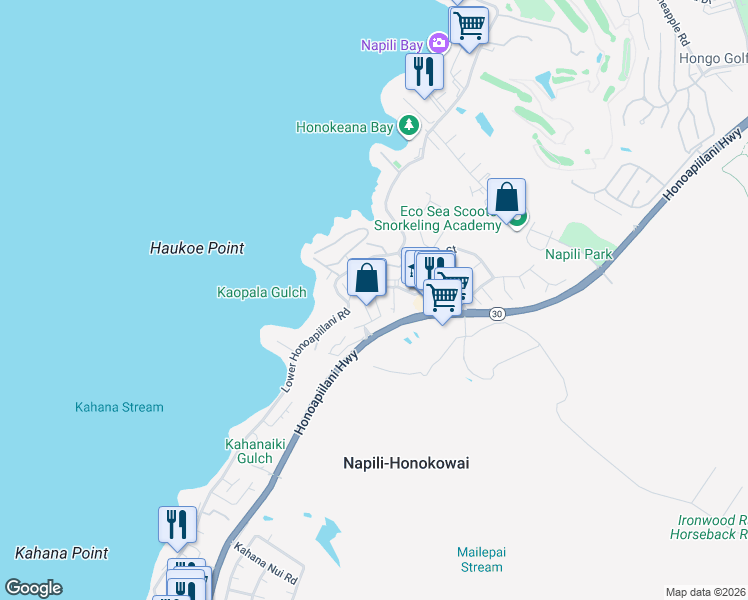 map of restaurants, bars, coffee shops, grocery stores, and more near 46 Polohina Lane in Lahaina