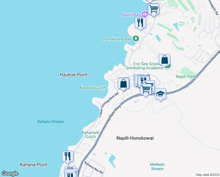 map of restaurants, bars, coffee shops, grocery stores, and more near 4909 Lower Honoapiilani Road in Lahaina