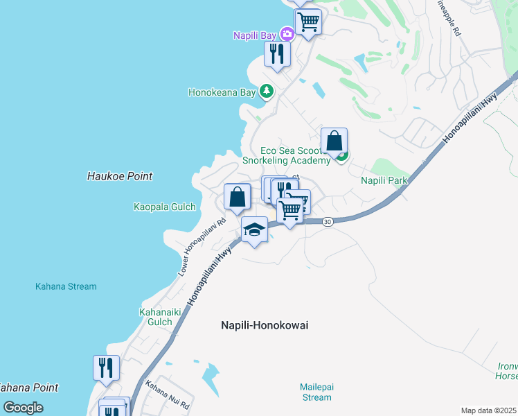 map of restaurants, bars, coffee shops, grocery stores, and more near 12 Kiohuohu Lane in Lahaina