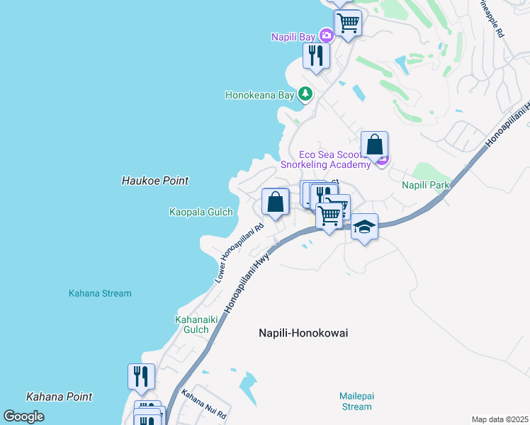 map of restaurants, bars, coffee shops, grocery stores, and more near 4996 Lower Honoapiilani Road in Lahaina