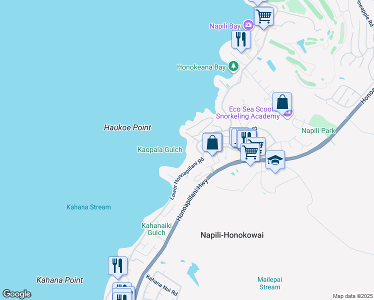 map of restaurants, bars, coffee shops, grocery stores, and more near 4909 Lower Honoapiilani Road in Lahaina