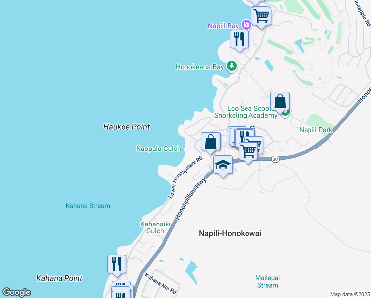 map of restaurants, bars, coffee shops, grocery stores, and more near 4909 Lower Honoapiilani Road in Lahaina