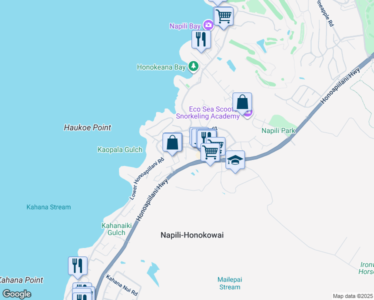 map of restaurants, bars, coffee shops, grocery stores, and more near 12 Kiohuohu Lane in Lahaina