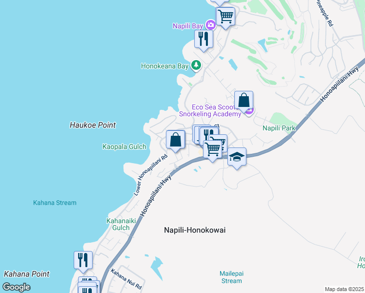 map of restaurants, bars, coffee shops, grocery stores, and more near 46 Polohina Lane in Lahaina