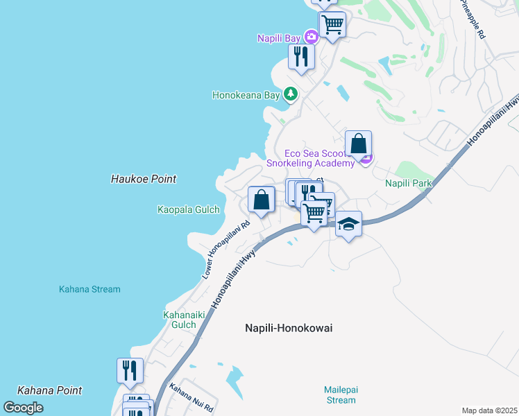 map of restaurants, bars, coffee shops, grocery stores, and more near 135 Punohu Lane in Lahaina