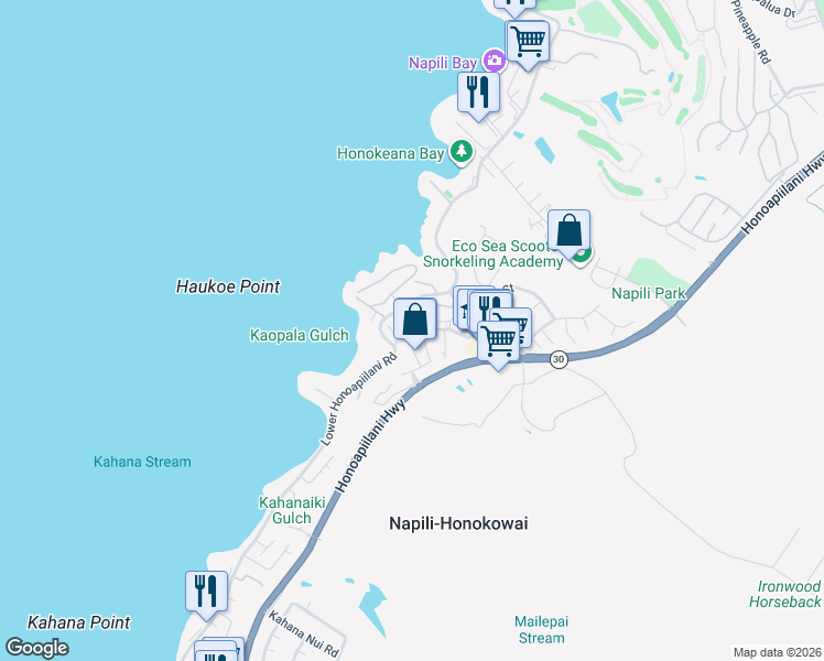 map of restaurants, bars, coffee shops, grocery stores, and more near 4946 Lower Honoapiilani Road in Lahaina