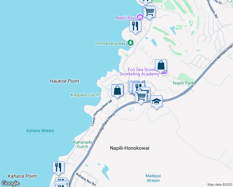 map of restaurants, bars, coffee shops, grocery stores, and more near 121 Punohu Lane in Lahaina