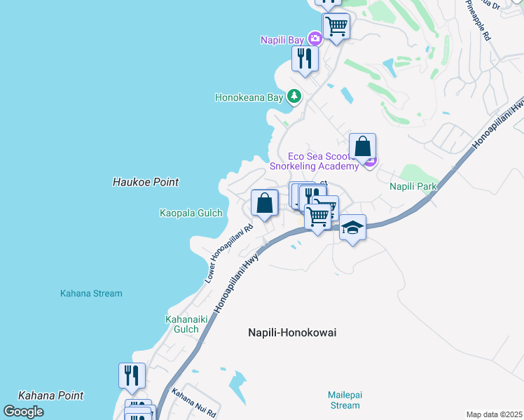 map of restaurants, bars, coffee shops, grocery stores, and more near 133 Punohu Lane in Lahaina