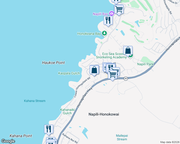 map of restaurants, bars, coffee shops, grocery stores, and more near 4946 Lower Honoapiilani Road in Lahaina