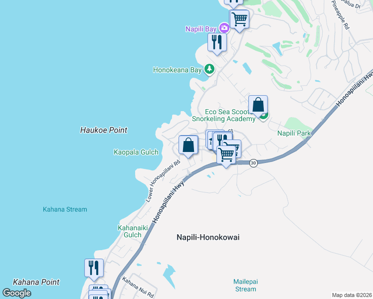 map of restaurants, bars, coffee shops, grocery stores, and more near 127 Punohu Lane in Lahaina