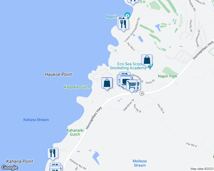 map of restaurants, bars, coffee shops, grocery stores, and more near 135 Punohu Lane in Lahaina