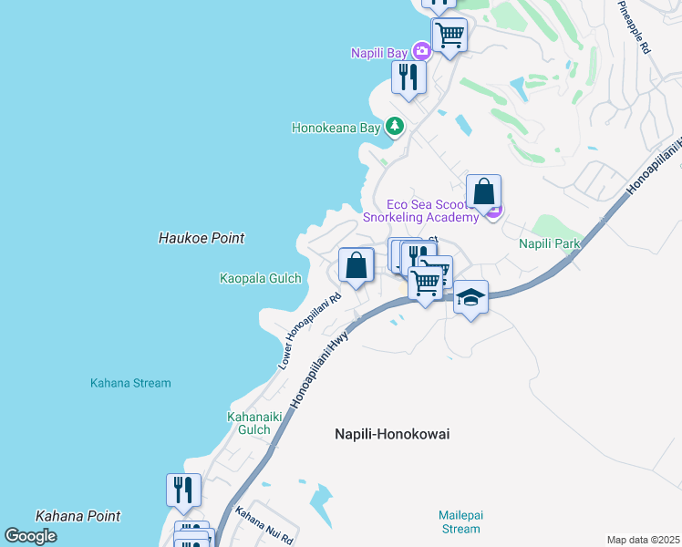 map of restaurants, bars, coffee shops, grocery stores, and more near 4996 Lower Honoapiilani Road in Lahaina