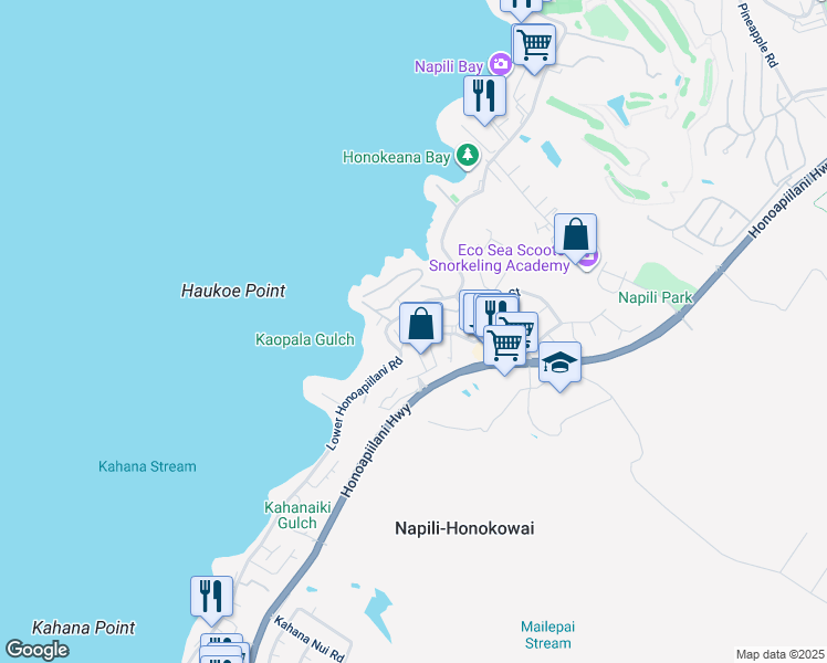map of restaurants, bars, coffee shops, grocery stores, and more near 135 Punohu Lane in Lahaina