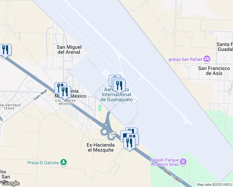 map of restaurants, bars, coffee shops, grocery stores, and more near Km 5.5 Silao-León de Los Aldama in Silao de la Victoria