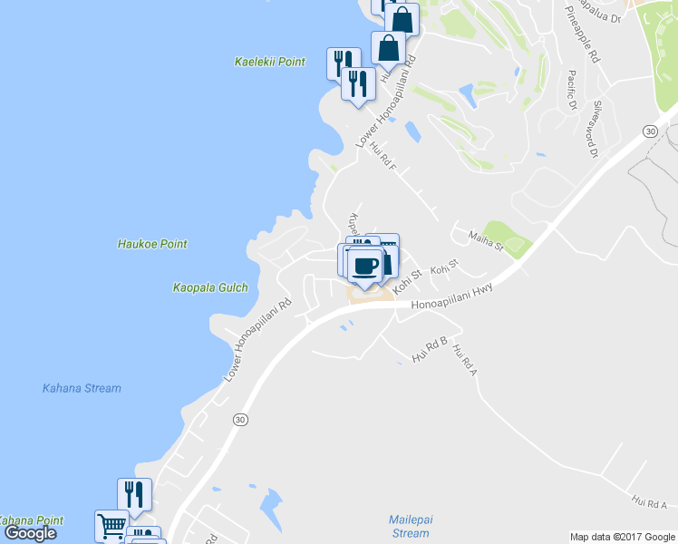 map of restaurants, bars, coffee shops, grocery stores, and more near 4955 Hanawai Street in Lahaina