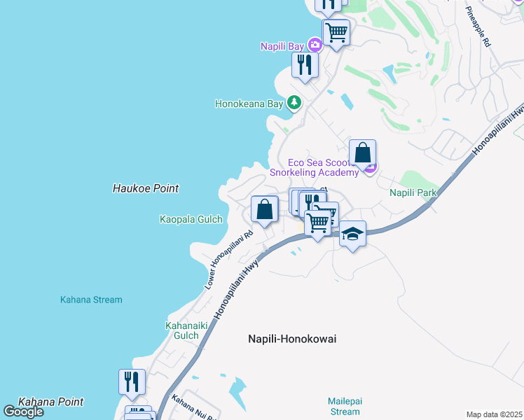 map of restaurants, bars, coffee shops, grocery stores, and more near 133 Punohu Lane in Lahaina