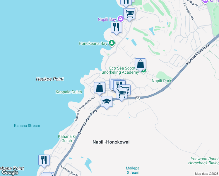 map of restaurants, bars, coffee shops, grocery stores, and more near 9 Kili Nahe Street in Lahaina