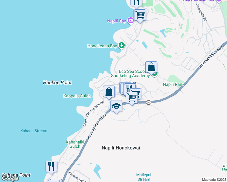 map of restaurants, bars, coffee shops, grocery stores, and more near 9 Kili Nahe Street in Lahaina