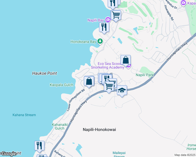 map of restaurants, bars, coffee shops, grocery stores, and more near 9 Kili Nahe Street in Lahaina