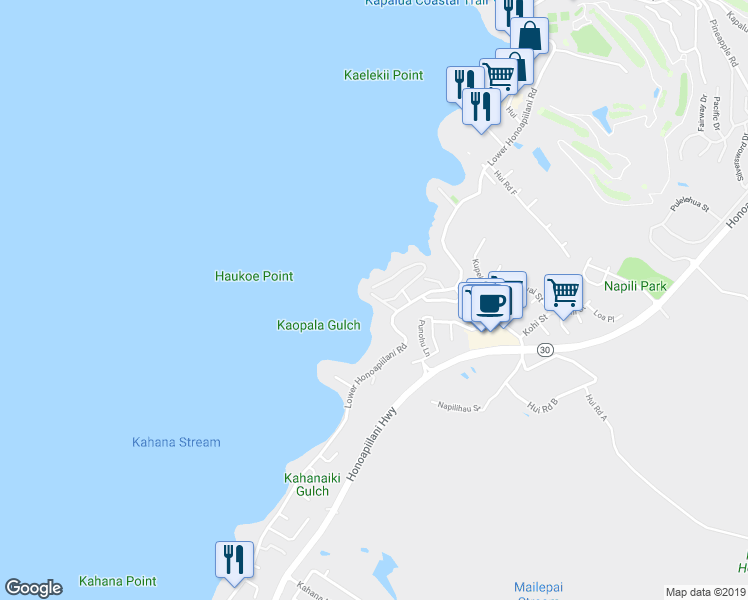 map of restaurants, bars, coffee shops, grocery stores, and more near 39 Hale Malia Place in Lahaina
