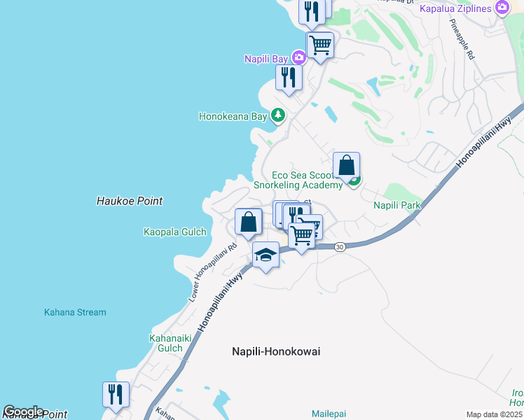 map of restaurants, bars, coffee shops, grocery stores, and more near 25 Kili Nahe Street in Lahaina