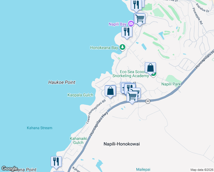 map of restaurants, bars, coffee shops, grocery stores, and more near 5025 Lower Honoapiilani Road in Lahaina