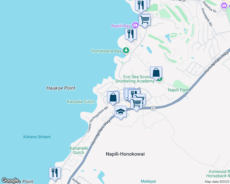 map of restaurants, bars, coffee shops, grocery stores, and more near 9 Kili Nahe Street in Lahaina