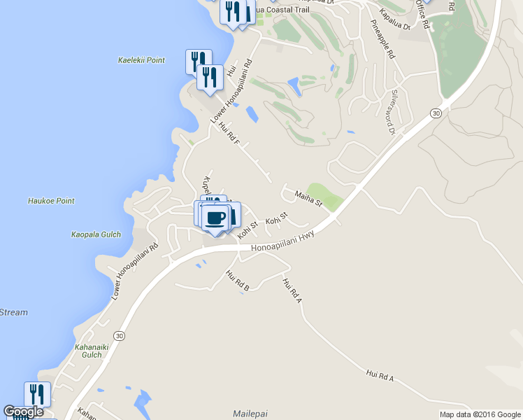 map of restaurants, bars, coffee shops, grocery stores, and more near 5177 Hanawai Street in Lahaina