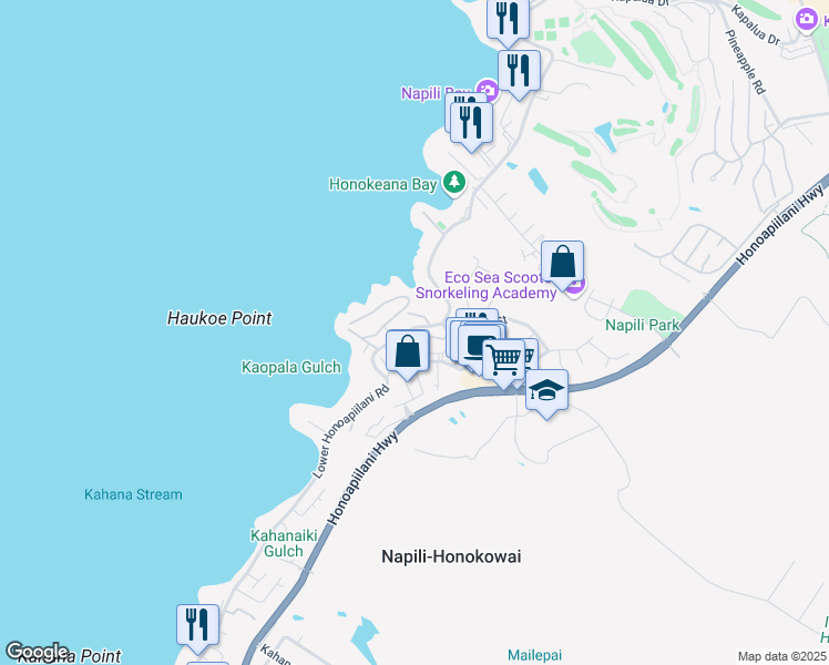 map of restaurants, bars, coffee shops, grocery stores, and more near 9 Kili Nahe Street in Lahaina