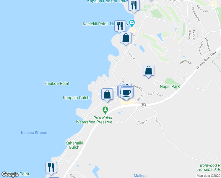 map of restaurants, bars, coffee shops, grocery stores, and more near 15 Kili Nahe Street in Lahaina