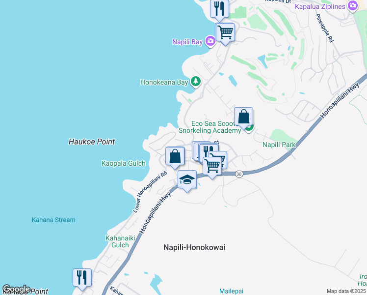 map of restaurants, bars, coffee shops, grocery stores, and more near 25 Kili Nahe Street in Lahaina