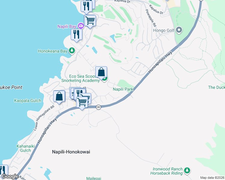map of restaurants, bars, coffee shops, grocery stores, and more near 5208 Kohi Street in Lahaina