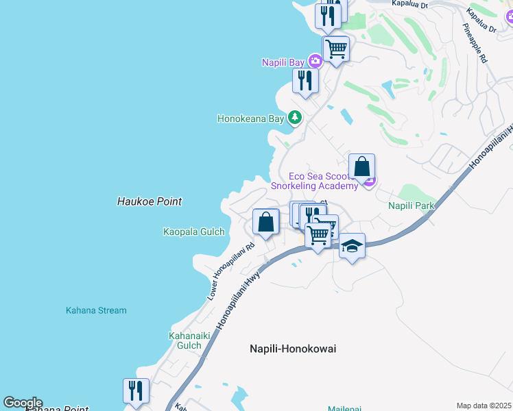 map of restaurants, bars, coffee shops, grocery stores, and more near 5027 Lower Honoapiilani Road in Lahaina