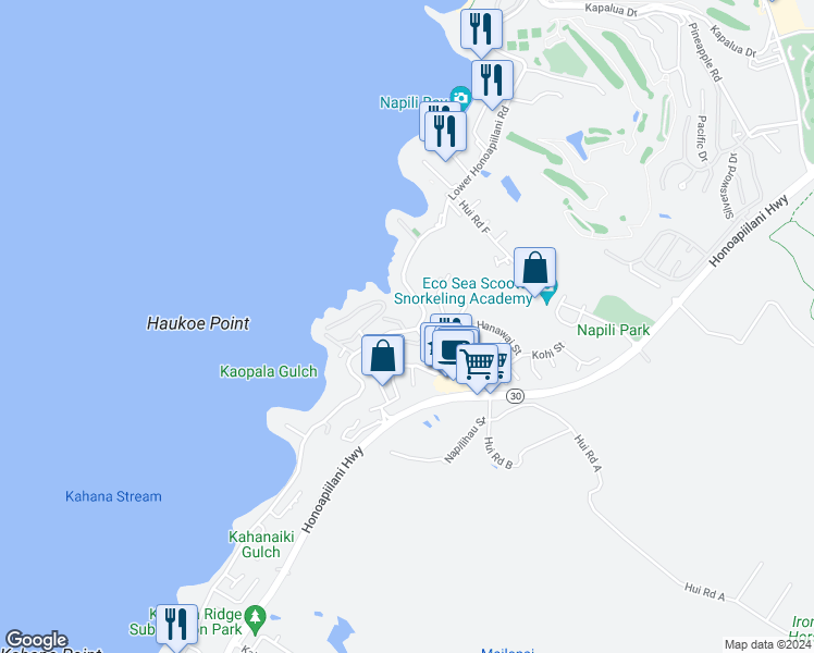 map of restaurants, bars, coffee shops, grocery stores, and more near 9 Kili Nahe Street in Lahaina