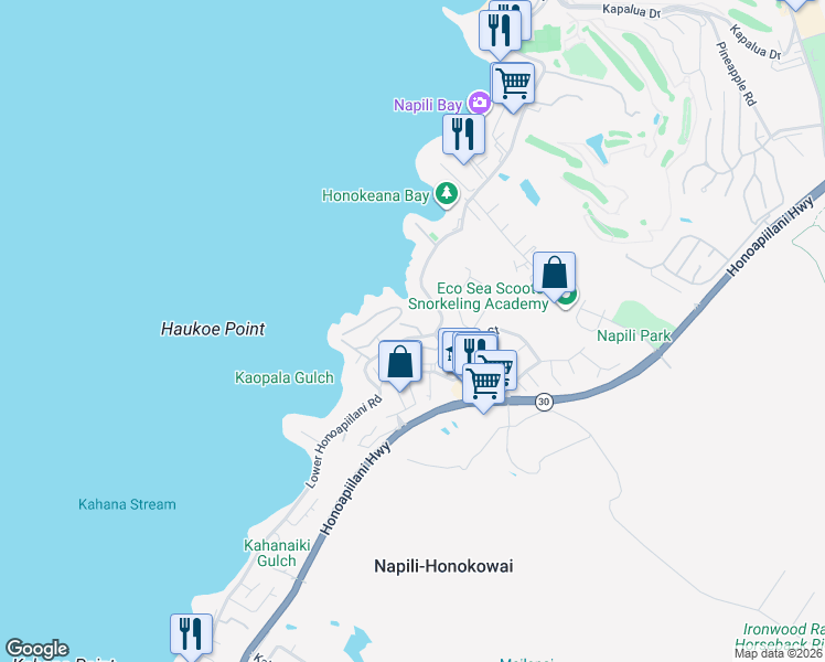 map of restaurants, bars, coffee shops, grocery stores, and more near 9 Kili Nahe Street in Lahaina